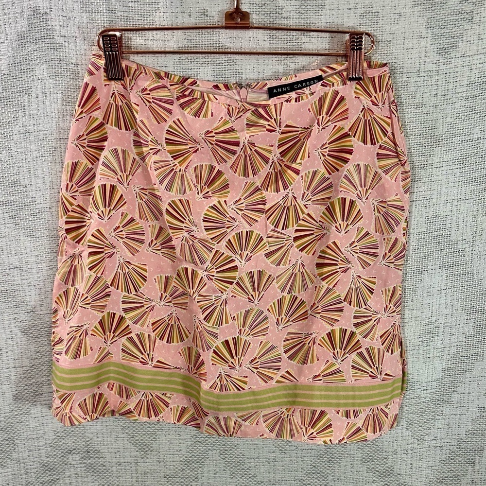 Anne Carson 100% silk pink fan printed mini skirt size 4
